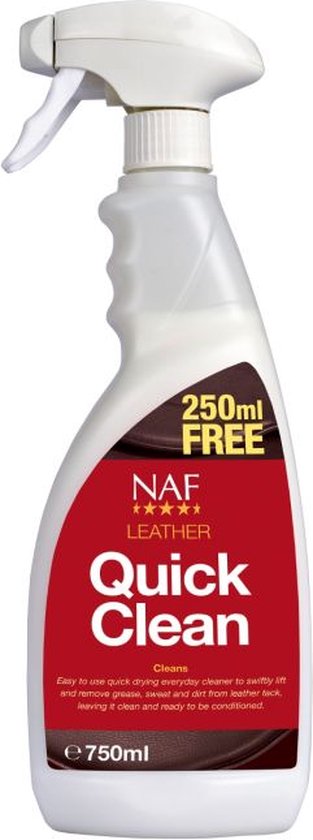 Spuitfles met NAF Quick Clean leerreiniger, 750ml, met 250ml gratis. Rood etiket met witte letters.