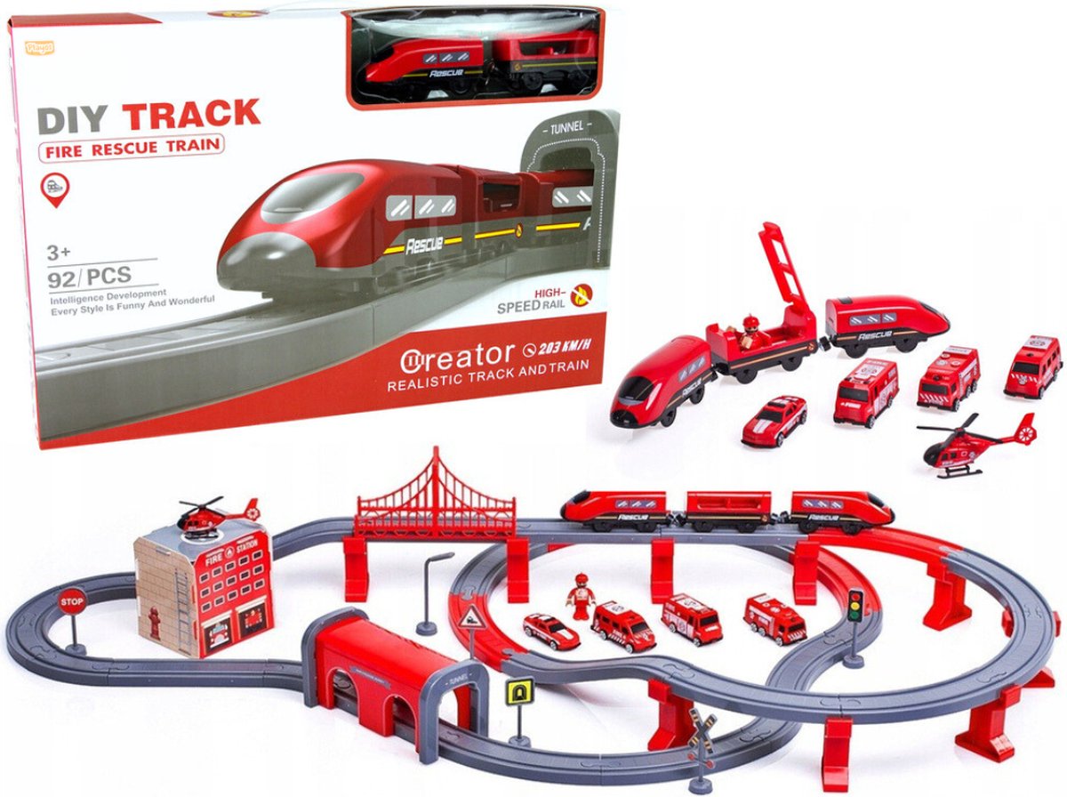 Playos® - Elektrische Trein - Rood - Brandweer - tot 203 km/uur - 92 delig - met 5 Voertuigen - Speelgoedvoertuig - Voertuigen - Jongens en Meisjes - Treinbaan