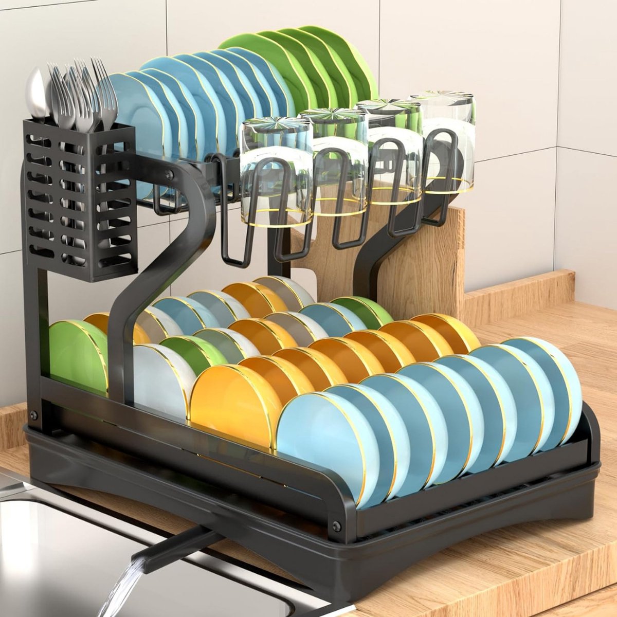 Goedkoopste Afdruiprek - Afwasrek - Met Lekbak - Keukengerei - 2 Lagen - 28D x 30B x 22H - Met Bekerhouders - Zwart