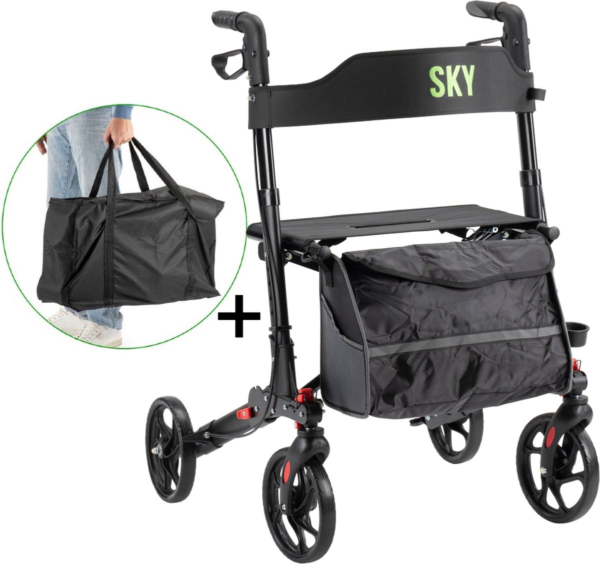 Goedkoopste Sky - Lichtgewicht rollator met transporttas - Zwart - Dubbel opvouwbaar - Met stokhouder, tas en rugband