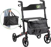 Sky - Lichtgewicht rollator met transporttas - Zwart - Dubbel opvouwbaar - Met stokhouder, tas en rugband