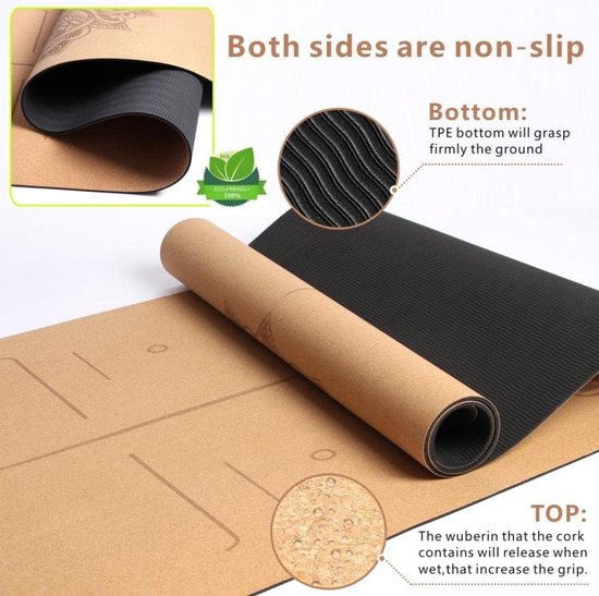 Yogamat, kurk, antislip, uniek design, extra dik, natuurlijke kurk, TPE-fitnessmat met draagtas en riem, voor thuis, pilates, aerobics sportschool en workout van Yogamat — afbeelding 5