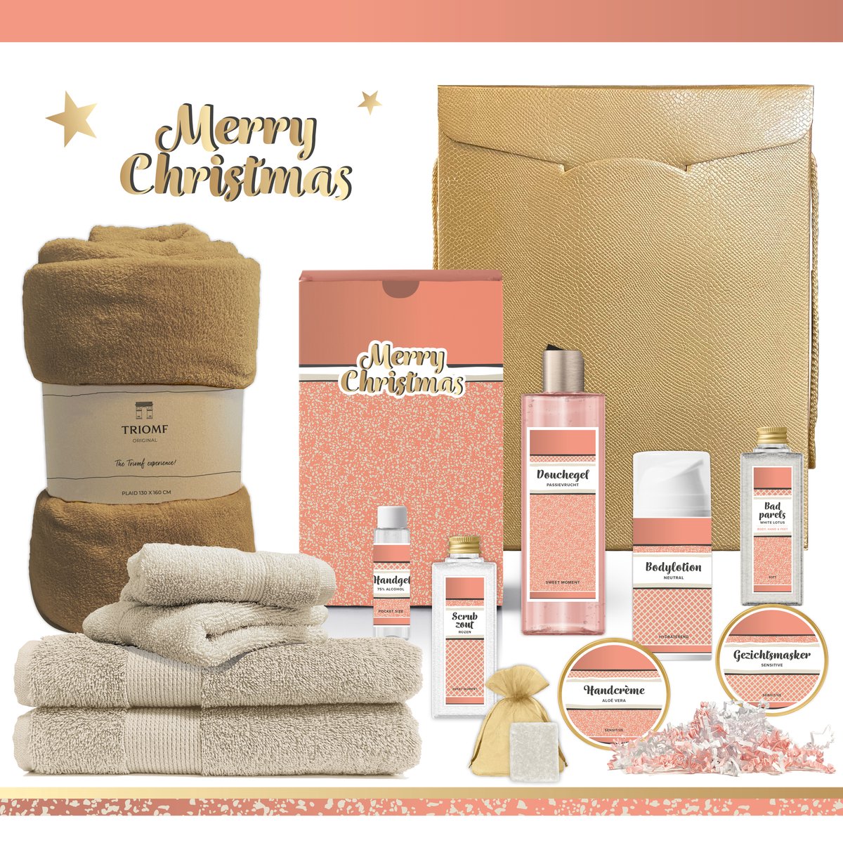 Geschenkset “Merry Christmas!” - 13 producten - 1910 gram | Luxe Kerst Cadeaubox voor haar - Wellness Pakket Vrouw - Giftset Fijne feestdagen - Cadeaupakket Prettige Kerstdagen - Kerstcadeau - Kerstpakket Cadeau - Relatiegeschenk - Gift Set Roze Goud