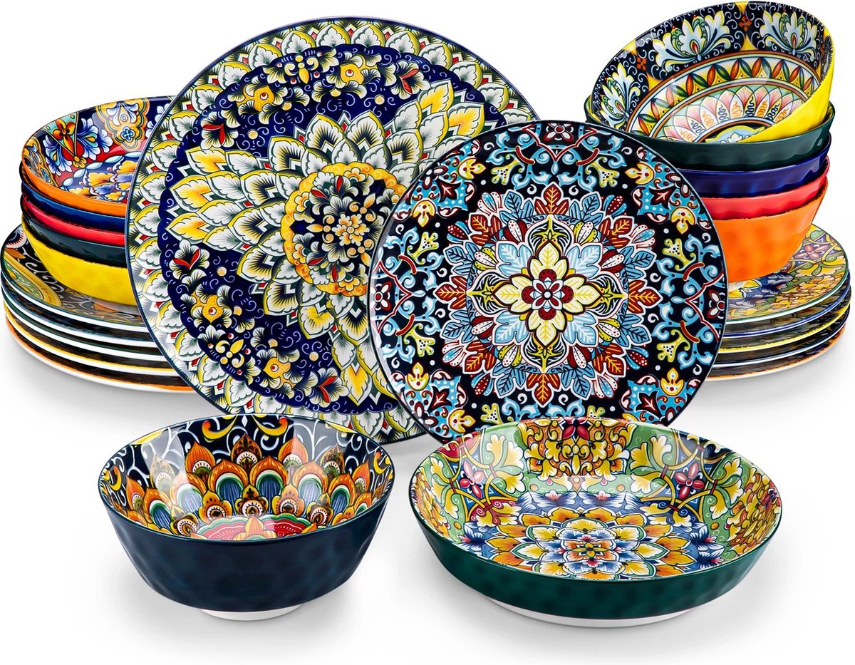 Vancasso Keramische Serviesset 24 stuks - Serviesset met patronen - Tafelgerei - Serviesset - Cadeau Tip - Kleurrijk
