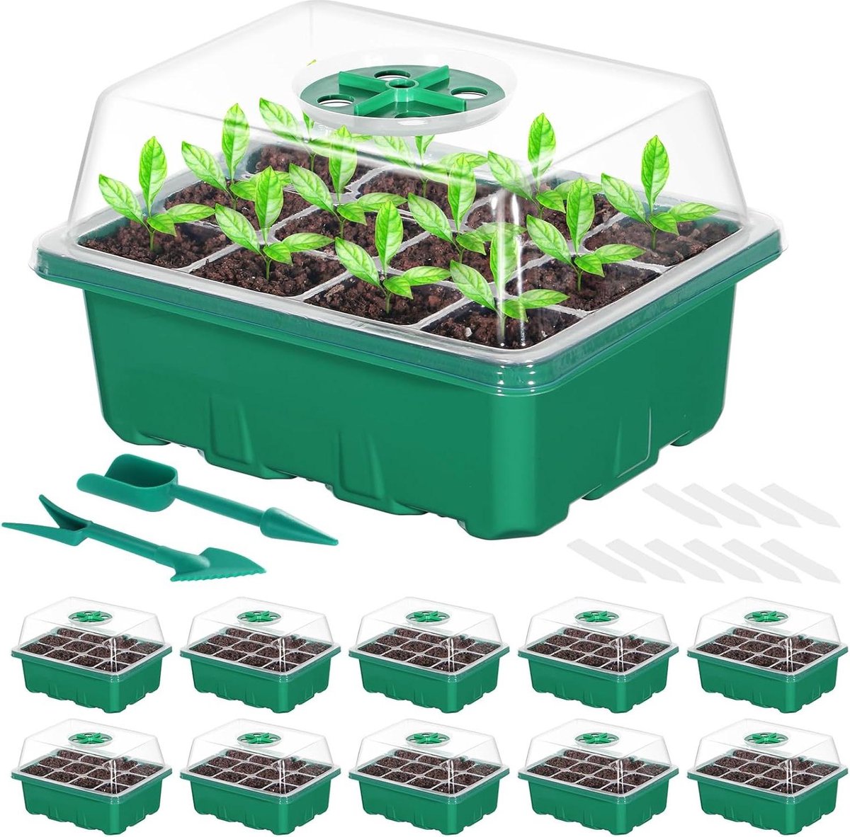 Seed Starter Tray Kit 10 Pack 120 Cellen kweekbakken zaailingen kas en tuinieren groeiende planten inclusief 10 plantenlabels Kweekbak