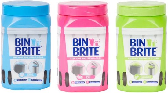 Drie Bin Brite verfrisser containers: blauw, roze en groen. Tekst: KEEP YOUR BINS FRESH & CLEAN.