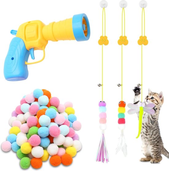 Foto: Maixinnew kat speelgoed bal launcher pistool set pluche kat bal schietpistool met 100 stuks kleurrijke ballen kat bal pistool met hangende deur kat speelgoed voor interactief