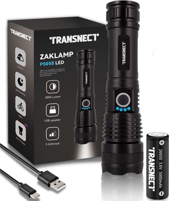 Foto: Transnect militaire zaklamp led oplaadbaar zaklampen 2800 lumen inclusief 26650 batterij en kabel usb oplaadbaar waterdicht voor camping fishing emergency