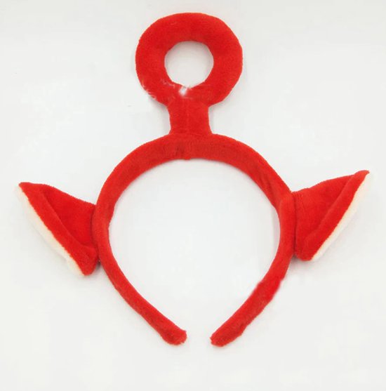 Rood diadeem met een antenne en twee witte oortjes.