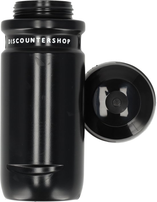 Zwarte bidon met 'DISCOUNTR SHOP' tekst en losse dop.