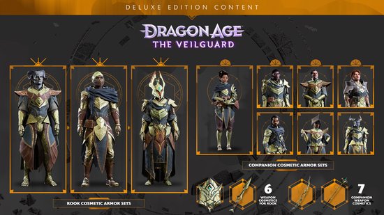 Dragon Age: The Veilguard Deluxe Edition content. Toont Rook cosmetic armor sets, companion armor sets, en wapen cosmetics.