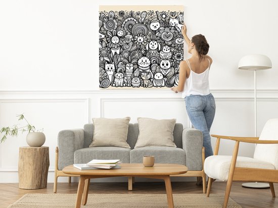 Doodle dieren schilderij | Creatieve Capriolen: Fantastische Dieren Doodles in Kunstzinnige Vormen | Kunst - 60x60 centimeter op Dibond | Foto op Dibond