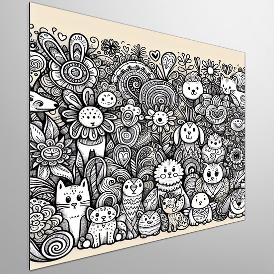 Doodle dieren schilderij | Creatieve Capriolen: Fantastische Dieren Doodles in Kunstzinnige Vormen | Kunst - 60x60 centimeter op Dibond | Foto op Dibond