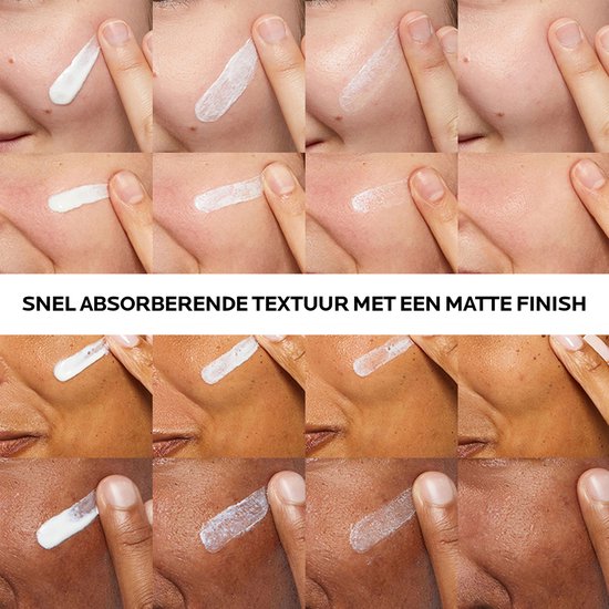 Collage van handen die witte crème aanbrengen op verschillende huidtinten. Snel absorberende textuur met een matte finish.