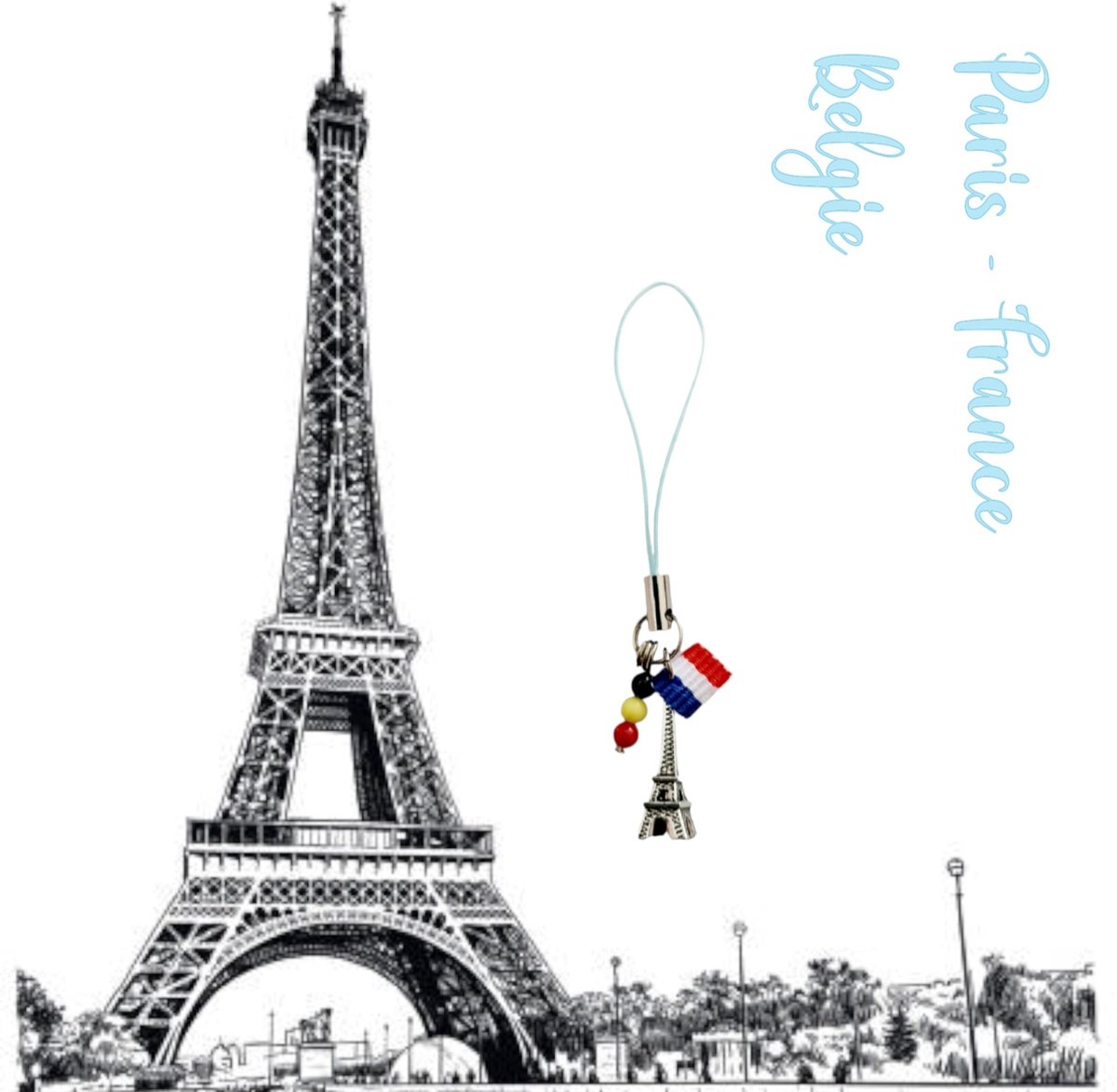 H.A.M.A. - Hand-Made Sleutel Mobiel Rits koord bedel beads België - 1 stuk - Key Mobile Zipper Bag Wallet - Eiffeltoren charm bedel / Le Tricolore F vlag / BE nationale kleuren - Casual
