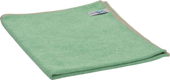 Serpillière verte en microfibre de 55 x 65cm avec un bord beige. La marque Flipper est inscrite dessus.