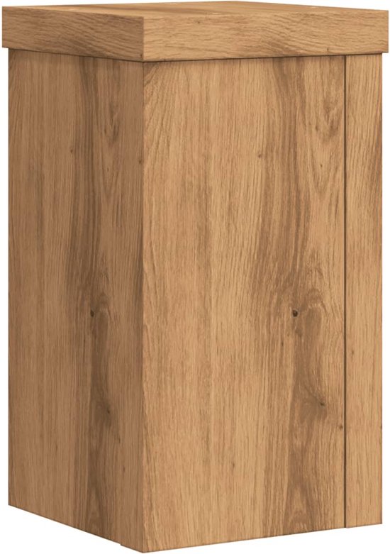 Kubusvormige plantenstandaard van hout met een natuurlijke houtnerf.