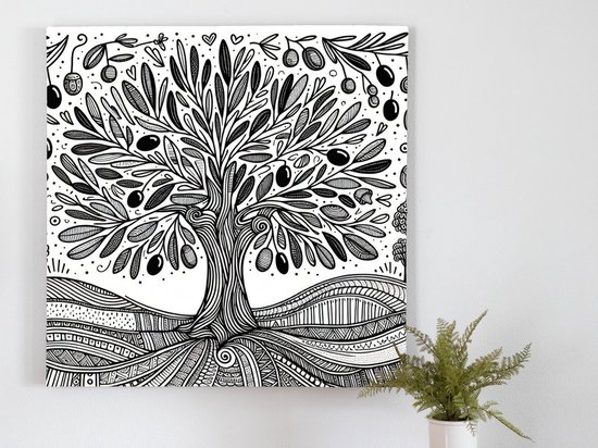 Doodle olijfboom schilderij | Olea doodle: een kunstwerk dat de olijfboom tot leven brengt | Kunst - 20x20 centimeter op Dibond | Foto op Dibond