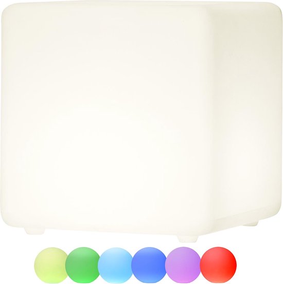 Lampe blanche cubique avec une rangée de boules colorées en dessous : vert, vert, cyan, bleu, violet, rouge.