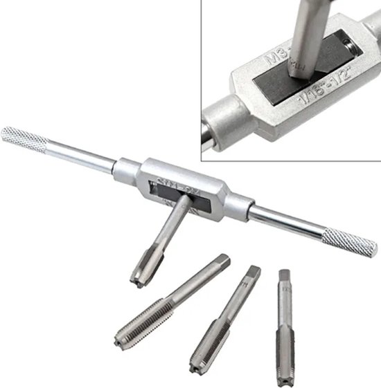 Gereedschap met handvat en drie tappen, inset toont "M3-1/2".