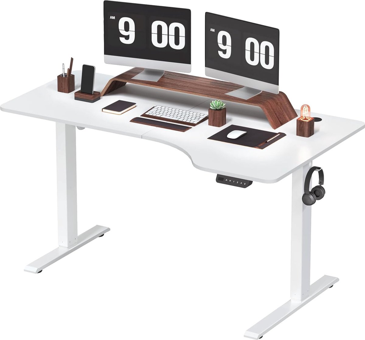Verstelbaar L-vormig bureau 140 cm elektrisch voor Thuiskantoor met Memorybediening - Wit