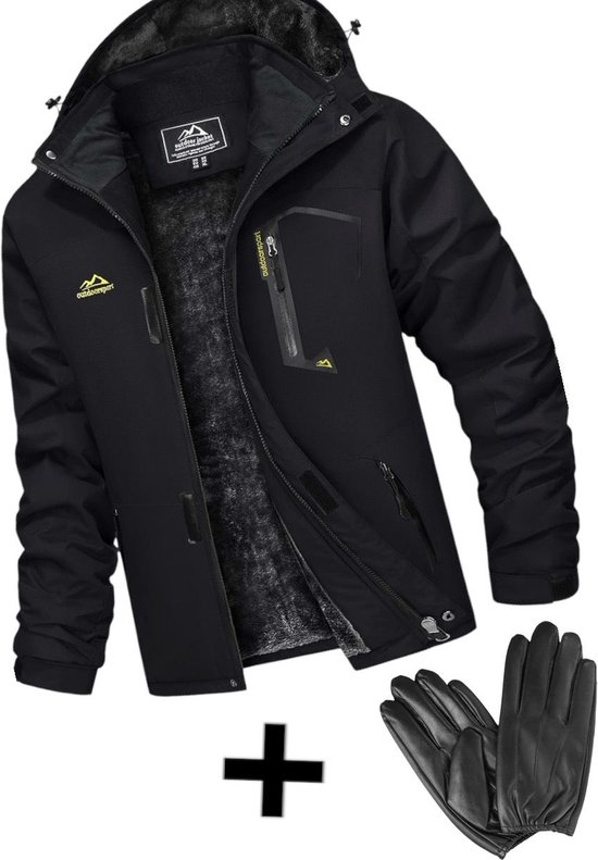 Heren Winter Waterdicht Winddicht Winterjack Warme Fleece Voering Ski Regenjas met Capuchon + Leren handschoenen voor heren, winter, warme leren handschoenen voor touchscreen, met coral fleece voering, modieus, winddicht, thermische handschoenen