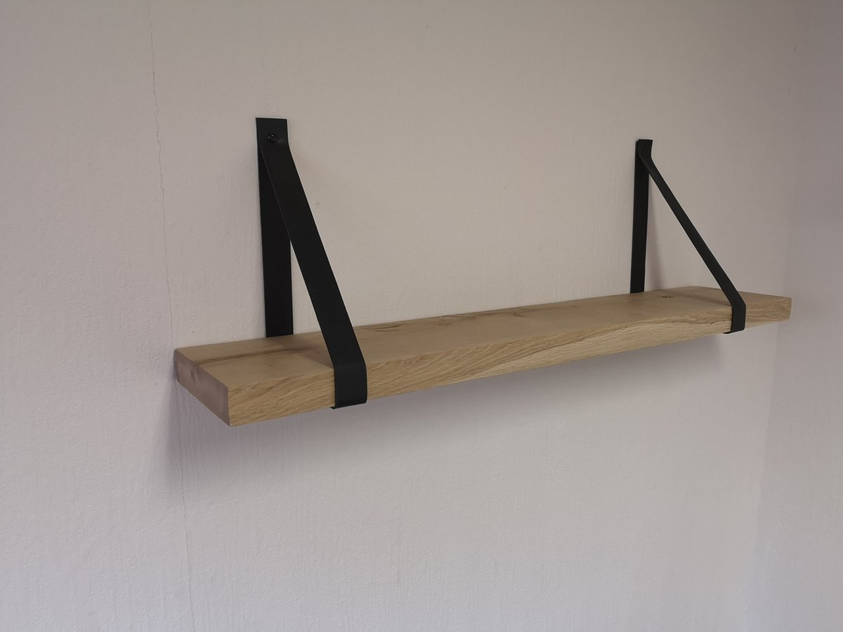 MeubelZwagerij Wandplank eiken met zwarte leren riemen 60x19x3cm (incl. schroeven en pluggen)