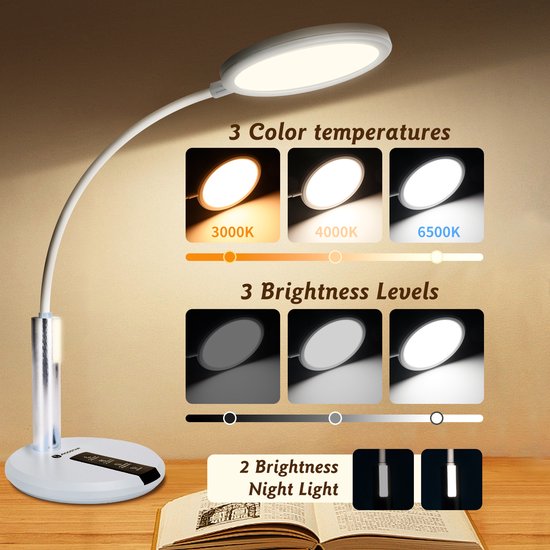 Aigostar 10Z1L - Bureaulamp LED Dimbaar - 3 Kleuren licht - Leeslamp - Tafellamp - Touch Control - Wit en Warm Licht - 3.000 K tot 6.500 K van Aigostar — afbeelding 3