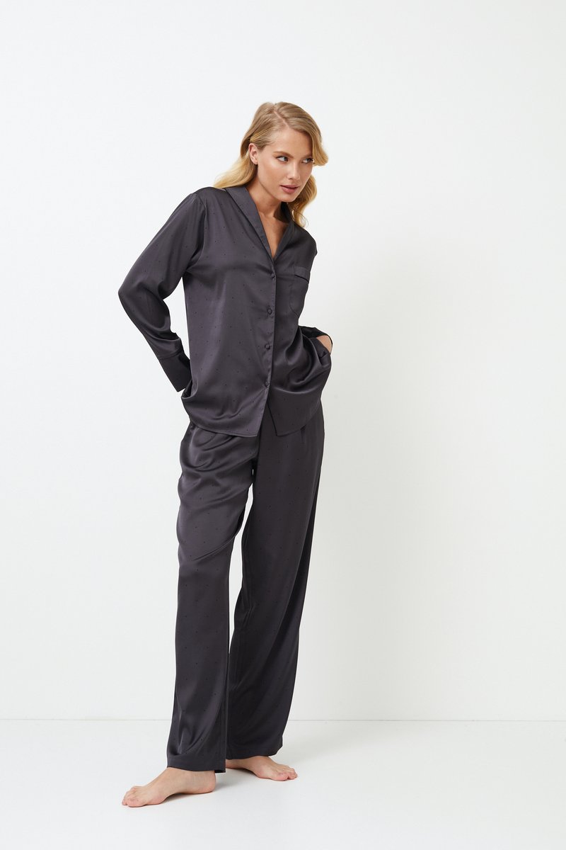 Aruelle Dames pyjama Agatha-lange mouw-lange broek-zwarte biezen-donkergrijs
