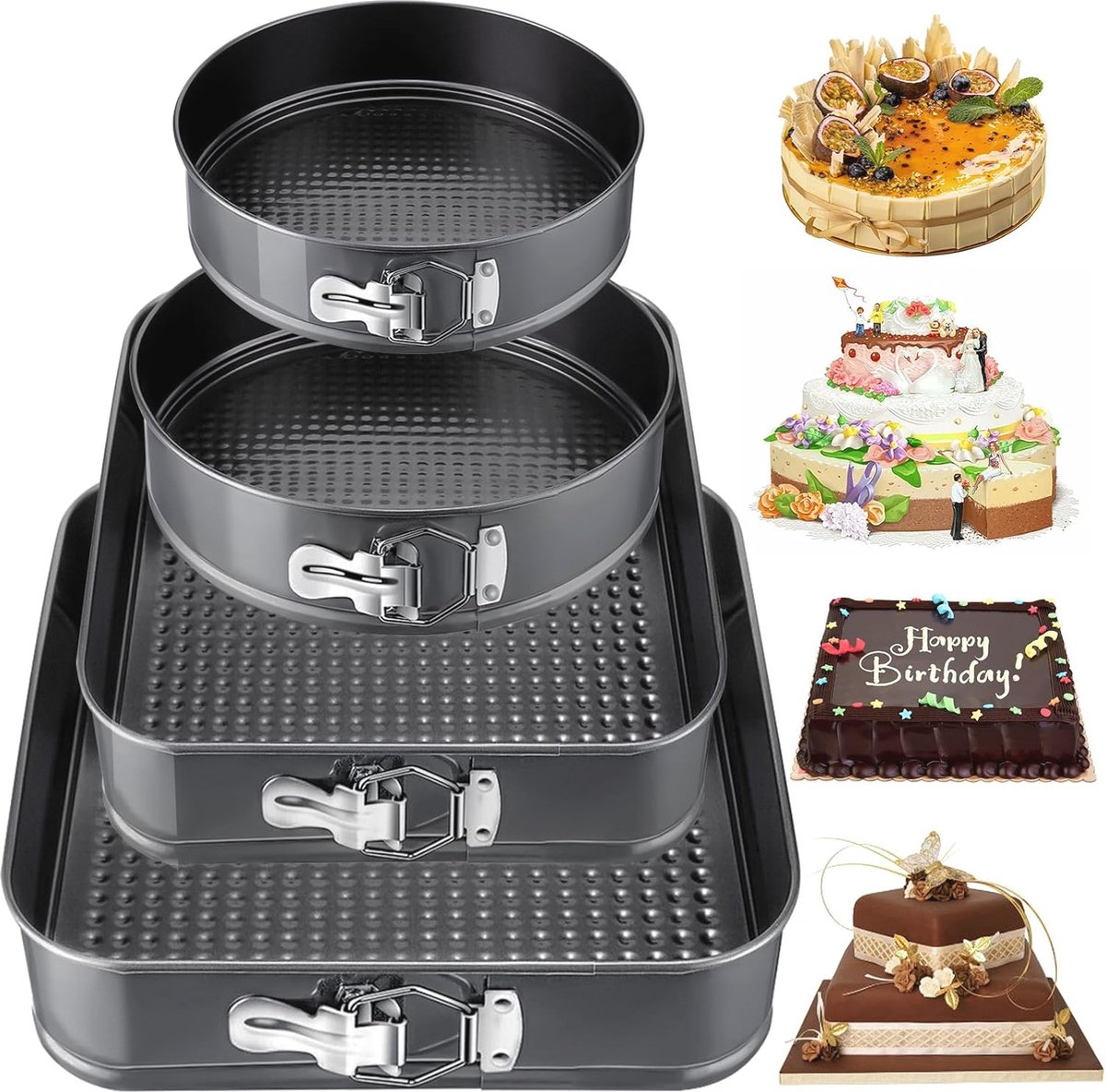 Set van 4 diverse taartvormen met antiaanbaklaag - 16/20 cm rond en 22/26 cm vierkant