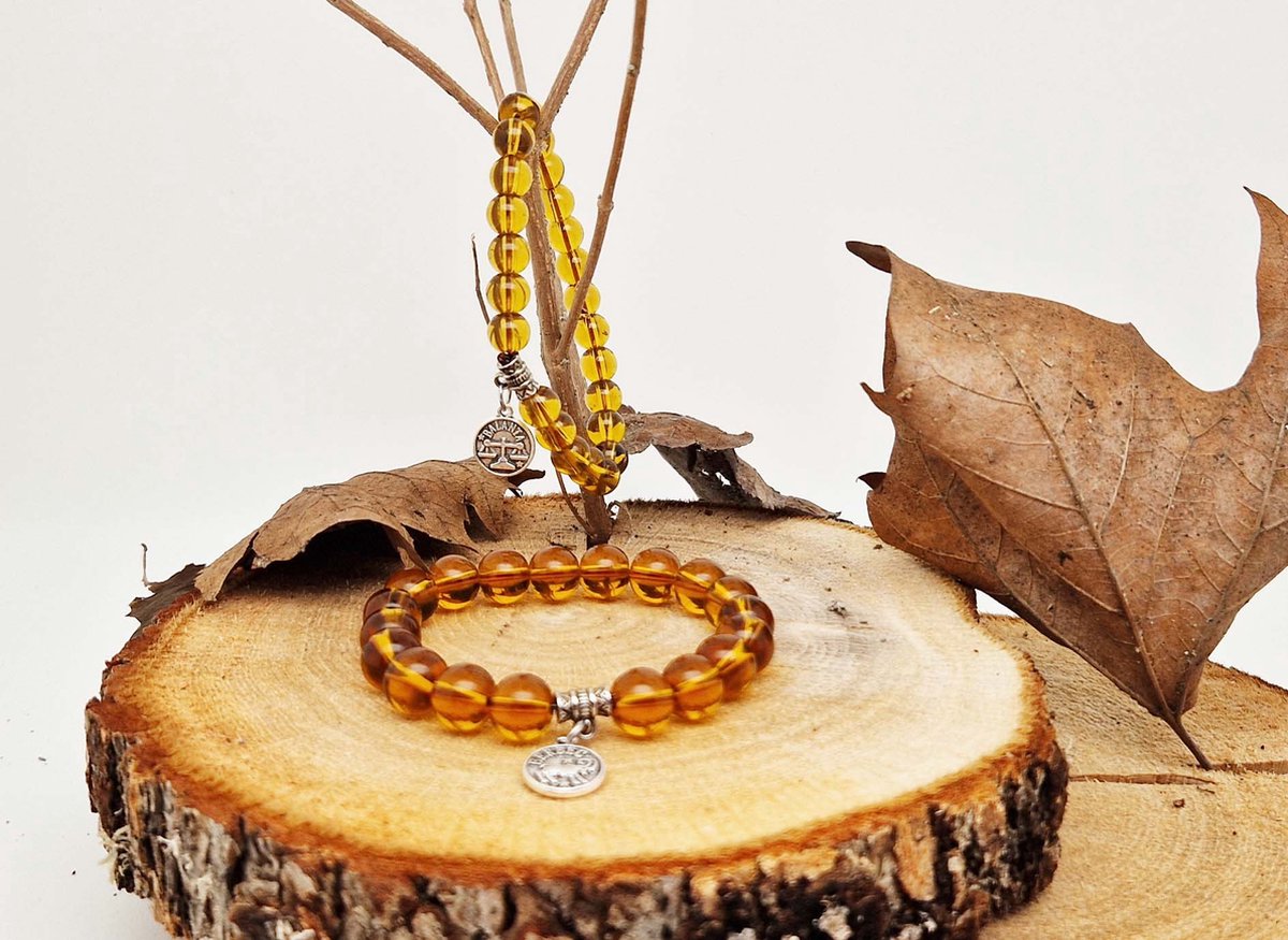 Handgemaakte natuursteen Geluksarmband met hanger "Astrologische Symbolen " Citrine " -8 mm diameter van de korrel- Diameter armband 20 cm - Kies je favoriete Astrologische Symbolen - Een mooi cadeau voor familie en vrienden