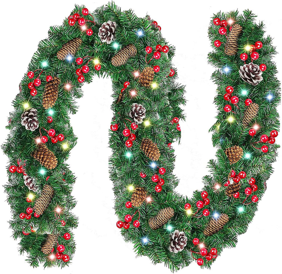 Kerstslinger – 8.8 ft – Pre-lit met Bloemen en Ballen – Rood voor Binnen en Buiten Decoratie