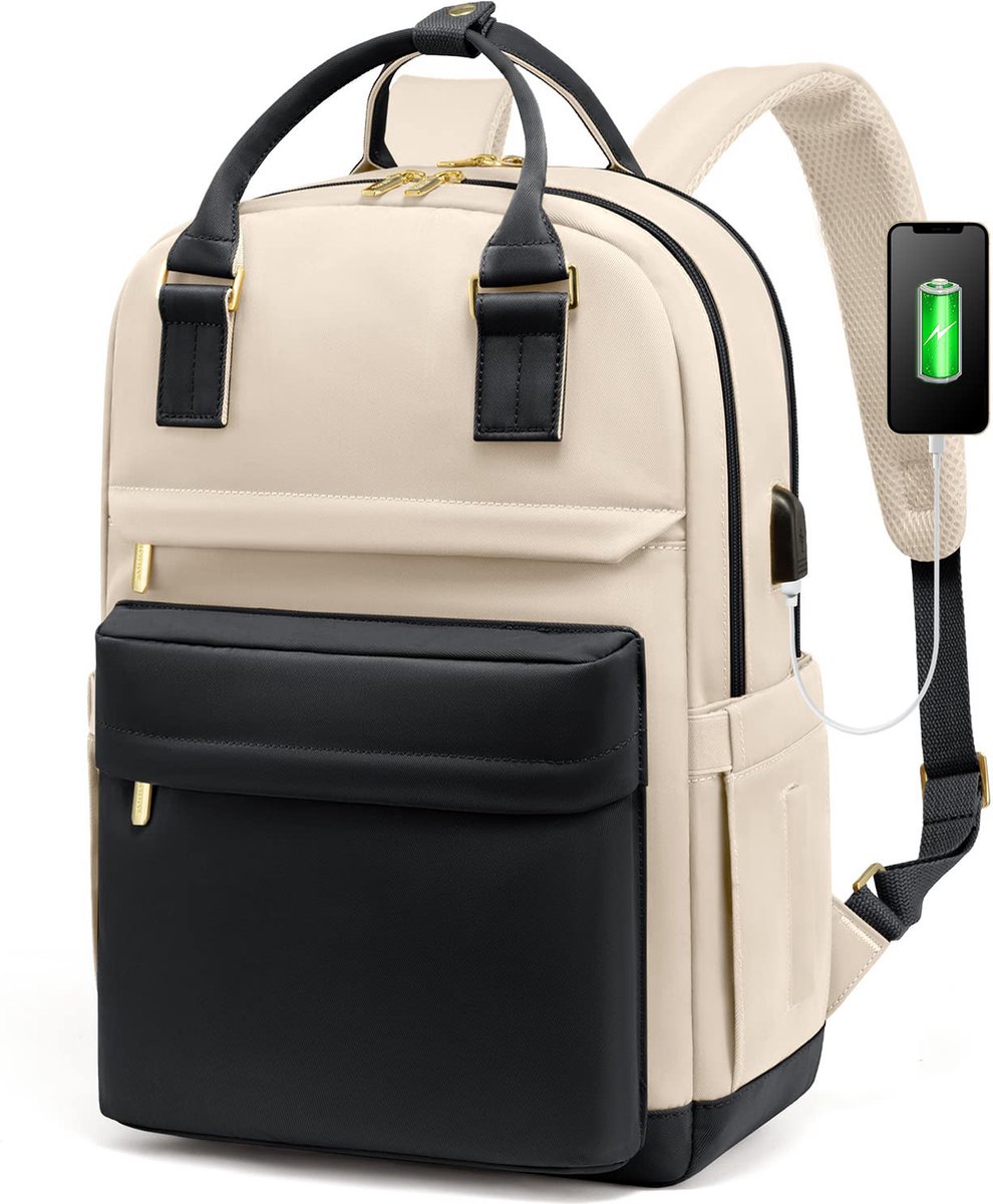 Vermanto Rugzak - Rugtas - Dames - Meisjes - Vrouwen - Laptop - Boekentas - Werk - School - Waterdicht - USB - Beige - Wit - Zwart