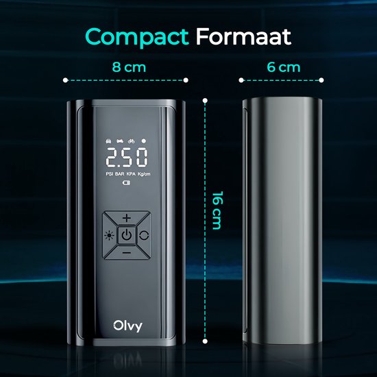Olvy Compressor Bandenpomp - Draagbare Luchtcompressor - 7000 mAh - Elektrische Fietspomp - Fiets/Auto/Motor/Bal/Luchtbed