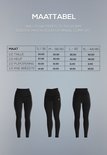 Maattabel van leggings met maten S/36 tot XL/44-46, inclusief taille, heup, pijpopening en kniebreedte.