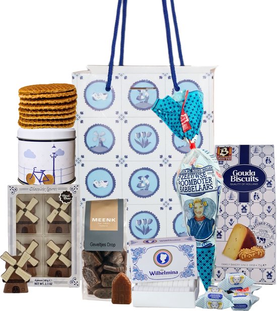 Foto: Geschenkpakket cadeaupakket cadeauset geschenkset holland tas l met hollandse cadeautjes o m stroopwafels geveltjesdrop gouda biscuits