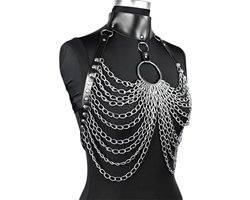 Ketting BDSM harnas - Body Chain - PU leder - RVS - Beha - Riem - Festival - Transparant - Bondage
