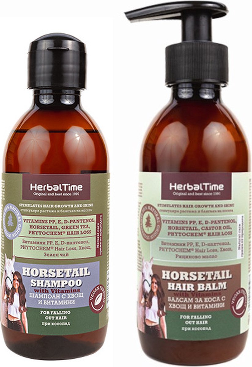 Herbal Time Horsetail Shampoo + Haar Crème Voordeelverpakking 2 Stuks – Heermoes Shampoo en Haarbalsem – met Paardenstaart Extract & Vitaminen – Tegen Vochtarme Hoofdhuid – Versterkt Haargroei – 2 x 240ml
