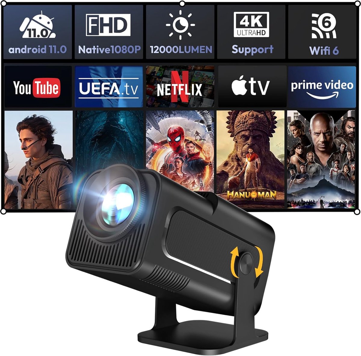 Strex Beamer - Smart 1080P Full HD Projector - 4K Ondersteuning - WiFi