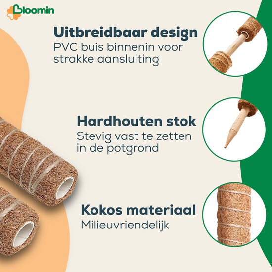 Uitbreidbaar design, hardhouten stok stevig te zetten in potgrond, kokos materiaal milieuvriendelijk.