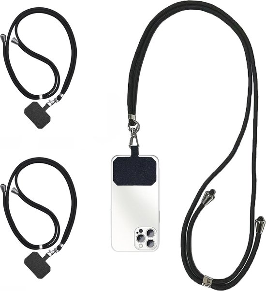 Trois cordons de téléphone noirs avec clip et fermoir métalliques. Un cordon est attaché à un smartphone.