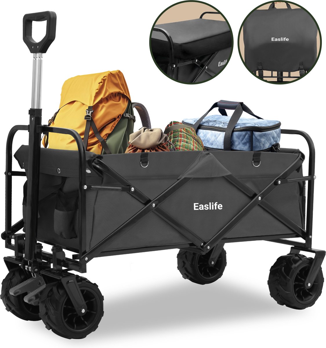 EasLife - Bolderkar - Opvouwbaar - Bolderwagen - met Regen Hoes - Inclusief Veiligheidsriemen - Opbergvakjes - tot 80KG - 94L - Wasbaar Polyester - 98x45cm - Grijs