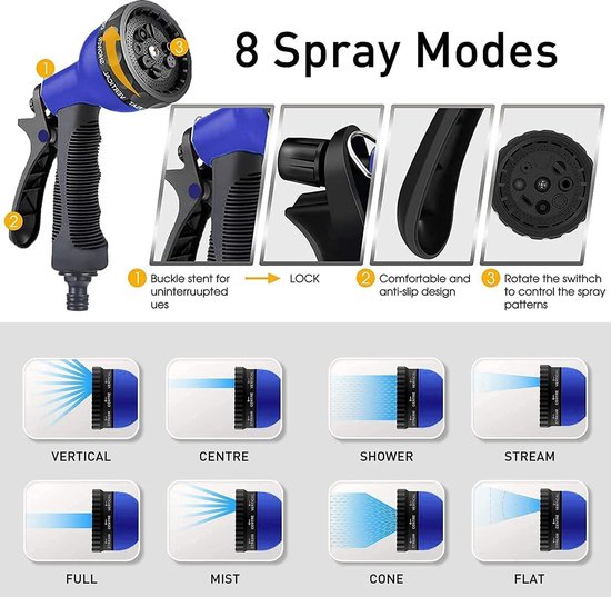 Yiting Flexibele tuinslang, 5 m, 10 m, 20 m, 15 m, 30 m, 45 m, 50 m, 60 m, 3 keer magische flexibele tuinslang, waterslang met 8 modi, waterspuitpistool en adapter 3/4 inch en 1/2 inch