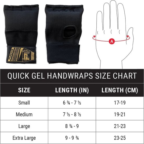 Zwarte quick gel handwraps met duimopening en een grafische maattabel.