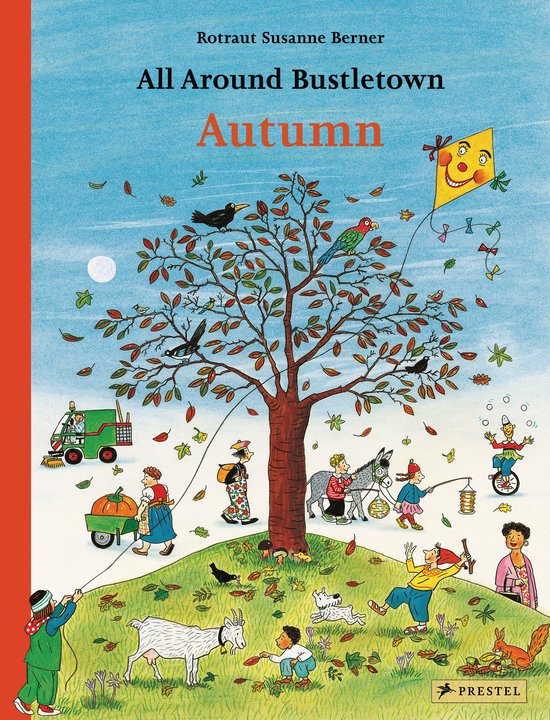 Boek 'All Around Bustletown Autumn' met een illustratie van een boom vol herfstbladeren, mensen en dieren.