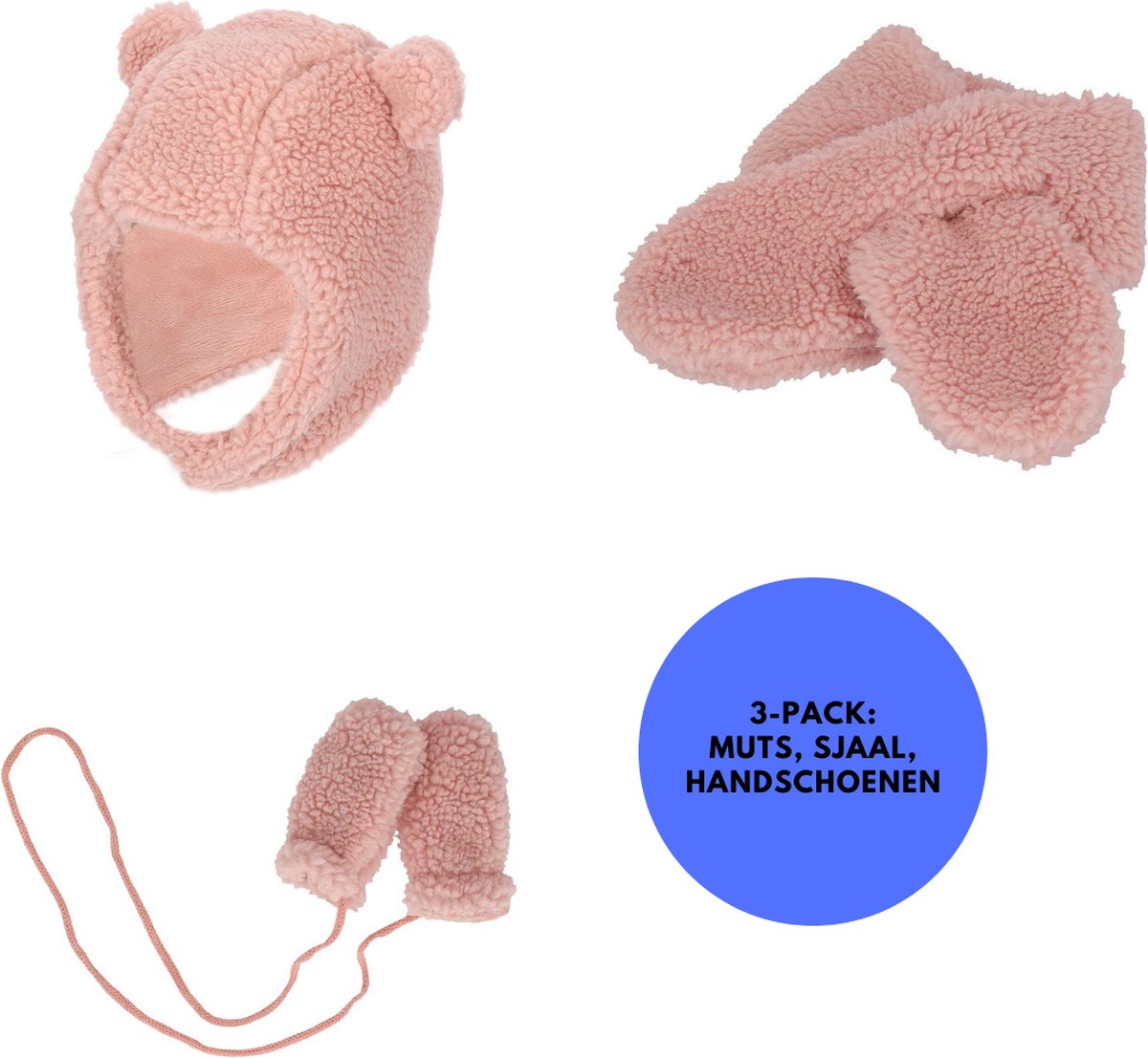 Sarlini Baby Winterset Handschoenen/Sjaal/Muts Teddy Wol 0-6 Maanden Licht Roze
