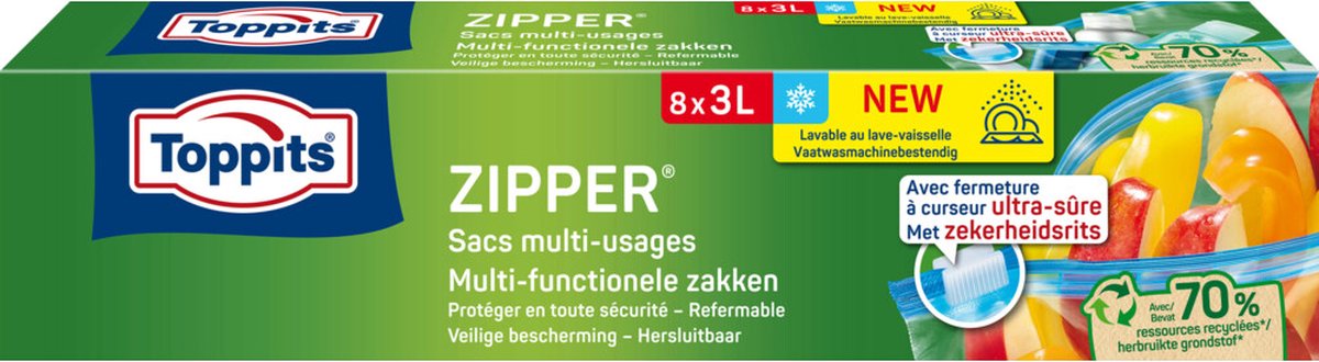 Toppits Zipper Multi-Functionele Zakken 3 liter - 12 x 8 stuks - Voordeelverpakking
