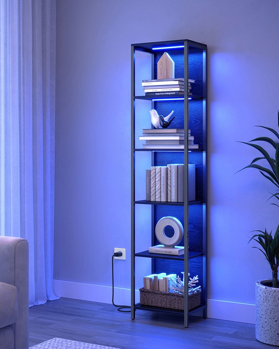 Veelzijdige 6-verdiepingen Vitrinekast met Verstelbare Ledverlichtingsplank met Stalen Frame 30.3X40X178.6 cm Boekenkast krasbestendige houtspaanplaat en stevig staal, deze plank is zowel stabiel als duurzaam 38,5 kg per niveau (177 kg/231 kg totaal