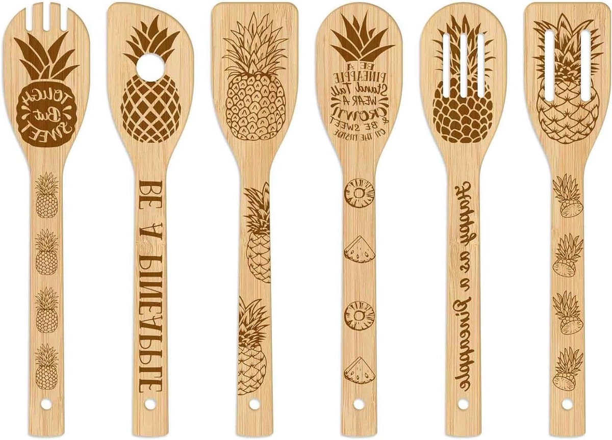 Ananas Bamboe Kookgerei Houten Gegraveerde Kooklepels Set - Bamboe Spatel Set - Houten Koken Lepel - Keuken - Fun - Huis Warming Gift