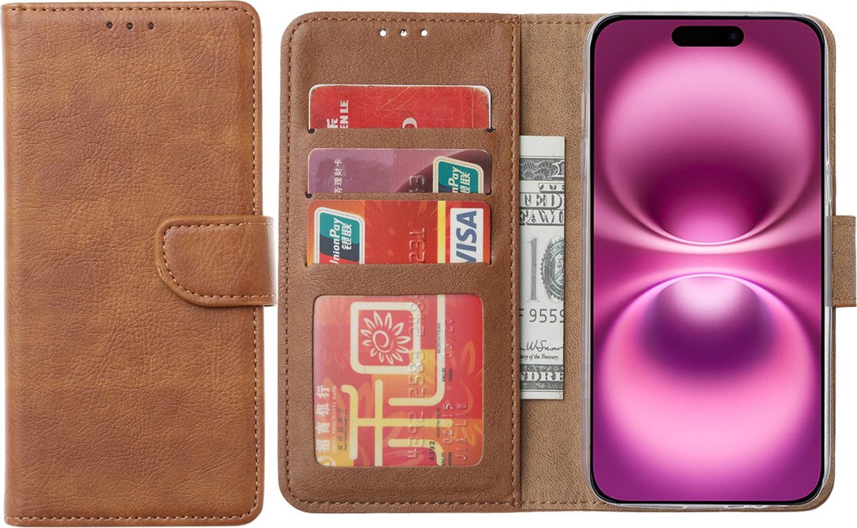 Hoesje Geschikt voor iPhone 16 – Arara bookcase met pasjeshouder - Bruin